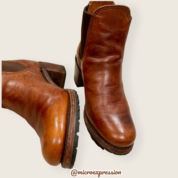 Frye Sabrina Chelsea Cognac Genuine Leather Pull On Stretch Heeled Ankle Booties - Picture 12 of 16